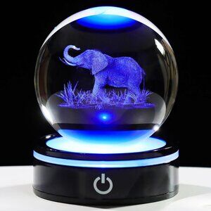 Crystal Elephant 3D Light Sculpture with Blue LED Base and Illuminated Design